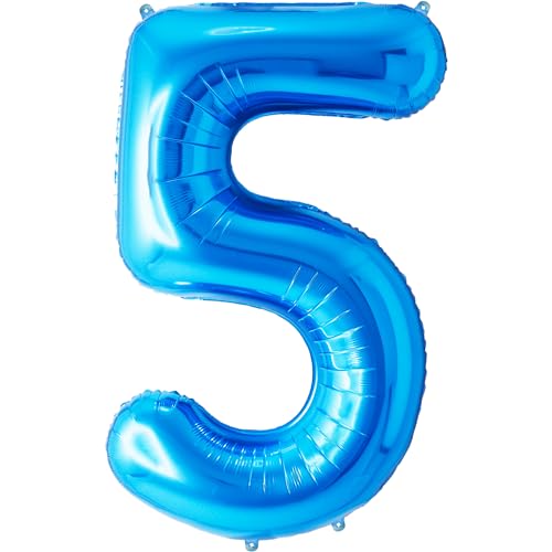 FUNFEST 100 cm blaue Luftballons zum 5. Geburtstag – Geburtstagsballon-Dekoration – inklusive XL-Ballon zum 5. Geburtstag und Strohhalm – Fliegen mit Helium von Funfest