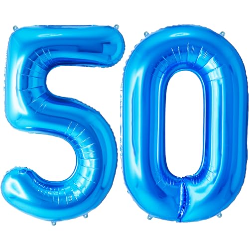 FUNFEST 100 cm blaue Luftballons zum 50. Geburtstag – Geburtstagsballon-Dekoration – inklusive XL-Ballon zum 50. Geburtstag und Strohhalm – Heliumfliegen von Funfest