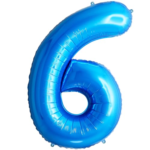 FUNFEST 100 cm blaue Luftballons zum 6. Geburtstag – Geburtstagsballon-Dekoration – inklusive XL-Ballon zum 6. Geburtstag und Strohhalm – Fliegen mit Helium von Funfest
