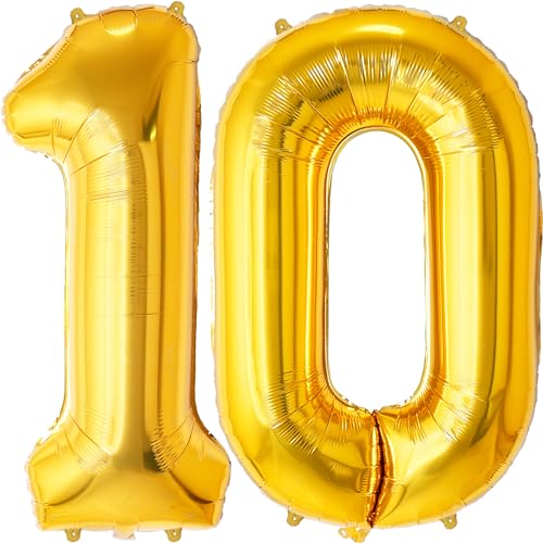 FUNFEST 100 cm goldene Luftballons zum 10. Geburtstag – Geburtstagsballon-Dekoration – inklusive XL-Ballon zum 10. Geburtstag und Strohhalm – Heliumfliegen von Funfest