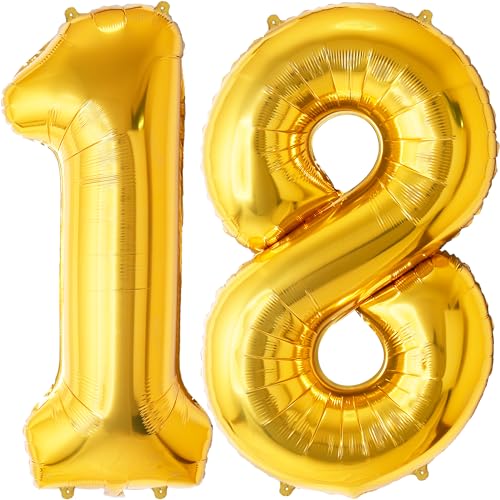 FUNFEST 100 cm goldene Luftballons zum 18. Geburtstag – Geburtstagsballon-Dekoration – inklusive XL-Ballon zum 18. Geburtstag und Strohhalm – Fliegen mit Helium von Funfest