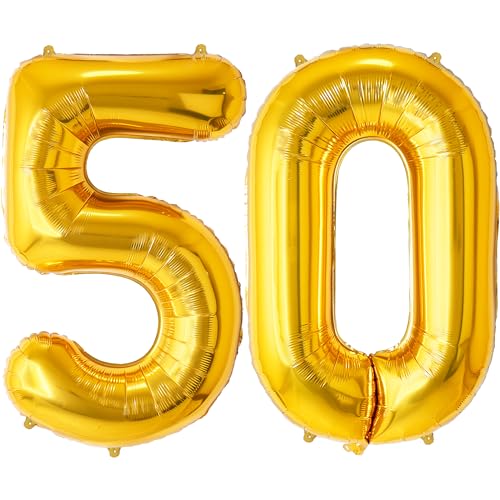 FUNFEST 100 cm goldene Luftballons zum 50. Geburtstag – Geburtstagsballon-Dekoration – inklusive XL-Ballon zum 50. Geburtstag und Strohhalm – Heliumfliegen von Funfest