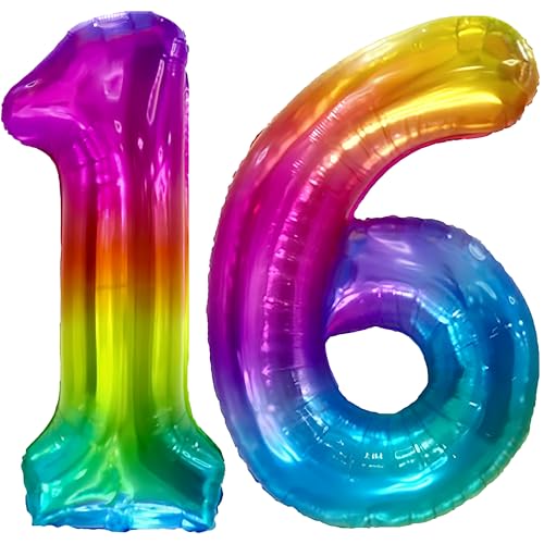 FUNFEST 100 cm regenbogenfarbene Luftballons zum 16. Geburtstag – Geburtstagsballon-Dekoration – inklusive XL-Ballon zum 16. Geburtstag und Strohhalm – Fliegen mit Helium von Funfest