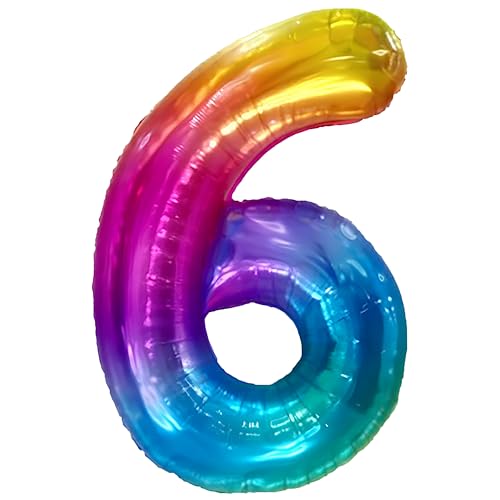 FUNFEST 100 cm regenbogenfarbene Luftballons zum 6. Geburtstag – Geburtstagsballon-Dekoration – inklusive XL-Ballon zum 6. Geburtstag und Strohhalm – Fliegen mit Helium von Funfest