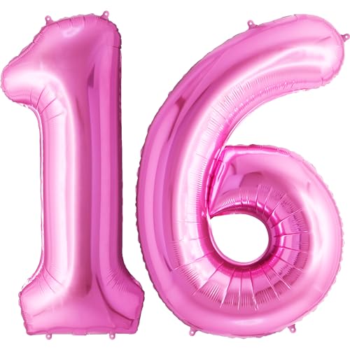 FUNFEST 100 cm rosa Luftballons zum 16. Geburtstag – Geburtstagsballon-Dekoration – inklusive XL-Ballon zum 16. Geburtstag und Strohhalm – Heliumfliegen von Funfest