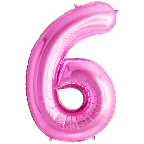 FUNFEST 100 cm rosa Luftballons zum 6. Geburtstag – Geburtstagsballon-Dekoration – inklusive XL-Ballon zum 6. Geburtstag und Strohhalm – fliegen Sie mit Helium von Funfest