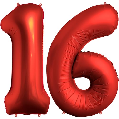 FUNFEST 100 cm rote Chrom-Luftballons zum 16. Geburtstag – Geburtstagsballon-Dekoration – inklusive XL-Ballon zum 16. Geburtstag und Strohhalm – Fliegen mit Helium – Ballon in Premiumqualität von Funfest