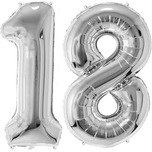 FUNFEST 100 cm silberne Luftballons zum 18. Geburtstag – Geburtstagsballon-Dekoration – inklusive XL-Ballon zum 18. Geburtstag und Strohhalm – Fliegen mit Helium von Funfest