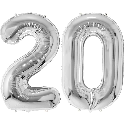 FUNFEST 100 cm silberne Luftballons zum 20. Geburtstag – Geburtstagsballon-Dekoration – inklusive XL-Ballon zum 20. Geburtstag und Strohhalm – Fliegen mit Helium von Funfest
