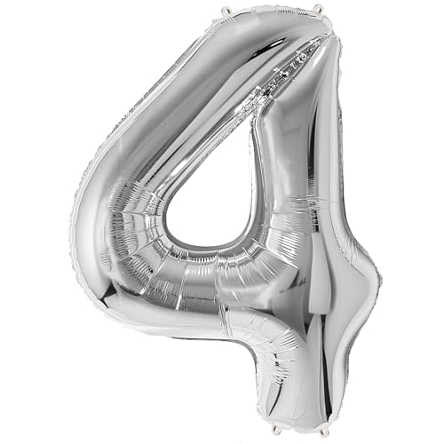 FUNFEST 100 cm silberne Luftballons zum 4. Geburtstag – Geburtstagsballon-Dekoration – inklusive XL-Ballon zum 4. Geburtstag und Strohhalm – Fliegen mit Helium von Funfest