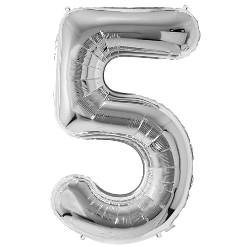 FUNFEST 100 cm silberne Luftballons zum 5. Geburtstag – Geburtstagsballon-Dekoration – inklusive XL-Ballon zum 5. Geburtstag und Strohhalm – Fliegen mit Helium von Funfest