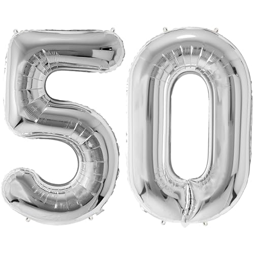 FUNFEST 100 cm silberne Luftballons zum 50. Geburtstag – Geburtstagsballon-Dekoration – inklusive XL-Ballon zum 50. Geburtstag und Strohhalm – Fliegen mit Helium von Funfest
