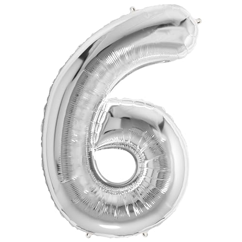 FUNFEST 100 cm silberne Luftballons zum 6. Geburtstag – Geburtstagsballon-Dekoration – inklusive XL-Ballon zum 6. Geburtstag und Strohhalm – fliegen Sie mit Helium von Funfest