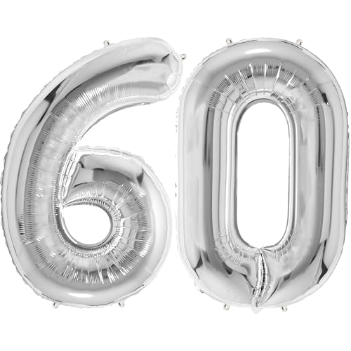FUNFEST 100 cm silberne Luftballons zum 60. Geburtstag – Geburtstagsballon-Dekoration – inklusive XL-Ballon zum 60. Geburtstag und Strohhalm – Fliegen mit Helium von Funfest