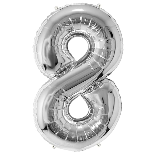FUNFEST 100 cm silberne Luftballons zum 8. Geburtstag – Geburtstagsballon-Dekoration – inklusive XL-Ballon zum 8. Geburtstag und Strohhalm – Fliegen mit Helium von Funfest