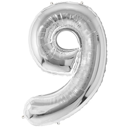 FUNFEST 100 cm silberne Luftballons zum 9. Geburtstag – Geburtstagsballon-Dekoration – inklusive XL-Ballon zum 9. Geburtstag und Strohhalm – Fliegen mit Helium von Funfest