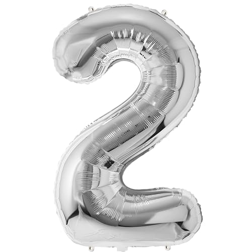 FUNFEST 2 Jahre Geburtstagsballons, silberfarben, 100 cm – Geburtstagsballon-Dekoration – inklusive 2 Jahre altem XL-Ballon und Strohhalm – Fliegen mit Helium von Funfest