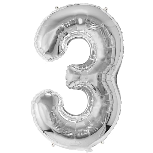 FUNFEST 3-Jähriger Geburtstagsballon, silberfarben, 100 cm – Geburtstagsballon-Dekoration – inklusive XL-3-Jähriger-Ballon und Strohhalm – Fliegen mit Helium von Funfest