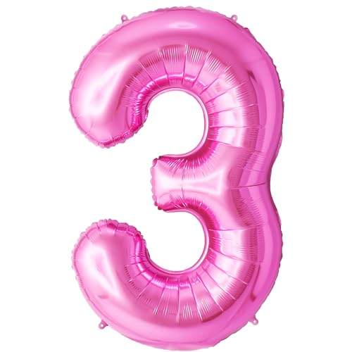FUNFEST 3 Jahre Geburtstagsballons rosa 100 cm – Geburtstagsballon-Dekoration – inklusive 3 Jahre altem XL-Ballon und Strohhalm – Fliegen mit Helium von Funfest