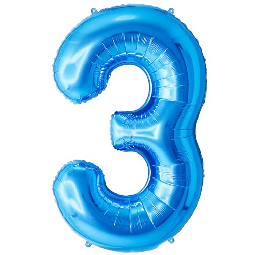 FUNFEST Blaue 3 Jahre Geburtstagsballons 100 cm – Geburtstagsballon-Dekoration – inklusive XL 3 Jahre Ballon und Strohhalm – Fliegen mit Helium von Funfest