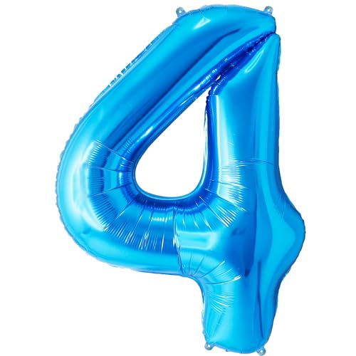 FUNFEST Blaue Luftballons zum 4. Geburtstag, 100 cm – Geburtstagsballon-Dekoration – inklusive XL-Ballon zum 4. Geburtstag und Strohhalm – Fliegen mit Helium von Funfest