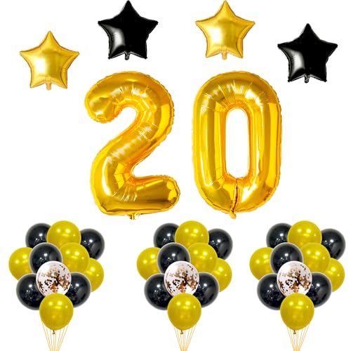 FUNFEST Dekoration für Geburtstagspartys, 20. Jahre, 40 Stück, Riesenluftballons, Farbe Gold, Schwarz, Pailletten, Fliegen mit Helium – Deko für 20. Geburtstag mit hochwertigen Luftballons von Funfest