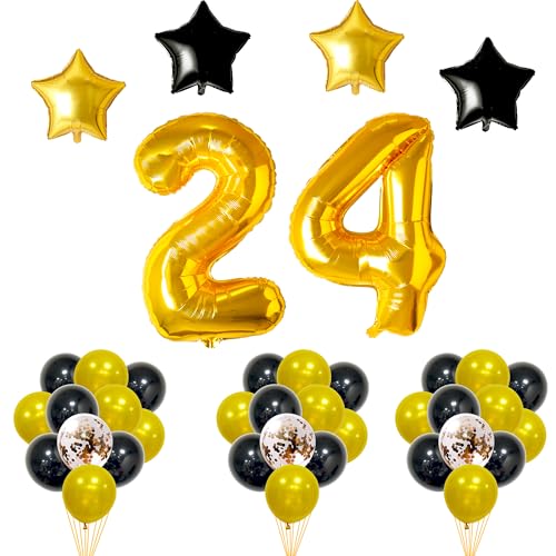 FUNFEST Dekoration für Geburtstagspartys, 24 Jahre, 40 Stück, Riesenluftballons, Farbe Gold, Schwarz, Pailletten, Fliegen mit Helium – Deko für 24. Geburtstag mit hochwertigem Ballon von Funfest