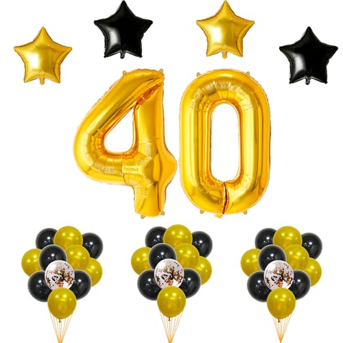 FUNFEST Dekoration für Geburtstagspartys, 40 Jahre, 40 Stück, Riesenluftballons, Farbe Gold, Schwarz, Pailletten, Fliegen mit Helium – Deko für Geburtstagsfeiern zum 10. Geburtstag mit hochwertigen von Funfest
