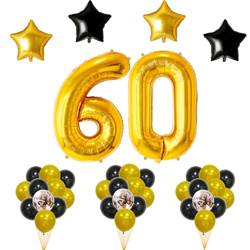 FUNFEST Dekoration für Geburtstagspartys, 60 Jahre, 40 Stück, Riesenluftballons, Farbe Gold, Schwarz, Pailletten, Fliegen mit Helium – Deko für Geburtstagsfeiern zum 10. Geburtstag mit hochwertigen von Funfest