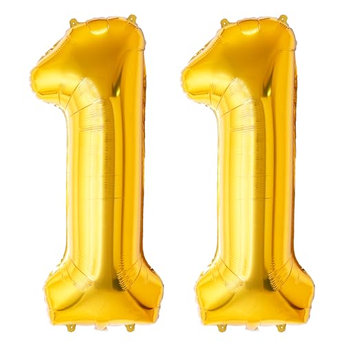 FUNFEST Luftballon zum 11. Geburtstag, Gold, 100 cm – Dekoration zum Geburtstag – inklusive XL & Strohhalm – fliegt mit Helium – hochwertige Qualität von Funfest