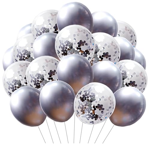 Funfest Luftballons Silber und Pailletten Silber – Packung mit 36 Luftballons à 30 cm Farbe Silber – Dekoration Ballon Silber und Pailletten – Fliegen mit Helium – Hochwertiger Ballon von Funfest