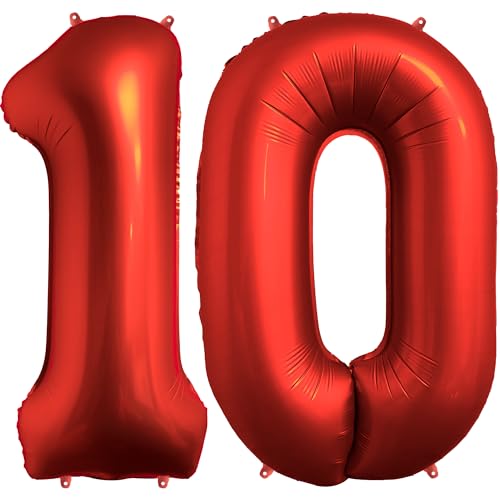 FUNFEST Luftballons zum 10. Geburtstag, Farbe Chromrot, 100 cm – Dekoration für Geburtstagsballons – inklusive XL-Ballon zum 10. Geburtstag und Strohhalm – Fliegen mit Helium von Funfest