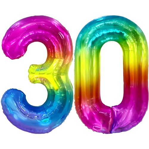 FUNFEST Luftballons zum 30. Geburtstag, Regenbogenfarbe, 100 cm – Geburtstagsballon-Dekoration – inklusive XL-Ballon zum 30. Geburtstag und Strohhalm – Fliegen mit Helium von Funfest