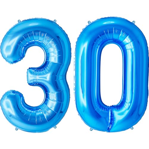 FUNFEST Luftballons zum 30. Geburtstag, blaue Farbe, 100 cm – Geburtstagsballon-Dekoration – inklusive XL-Ballon zum 30. Geburtstag und Strohhalm – Fliegen mit Helium von Funfest