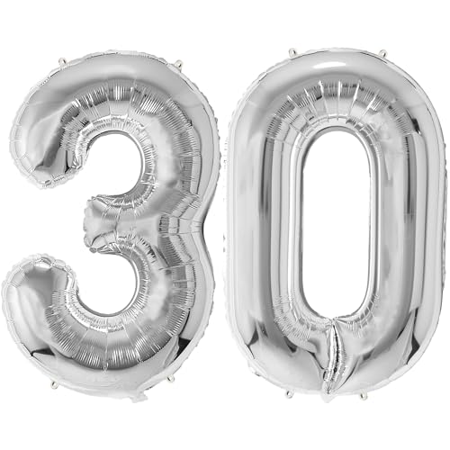 FUNFEST Luftballons zum 30. Geburtstag, silberfarben, 100 cm – Geburtstagsballon-Dekoration – inklusive XL-Ballon zum 30. Geburtstag und Strohhalm – Fliegen mit Helium von Funfest