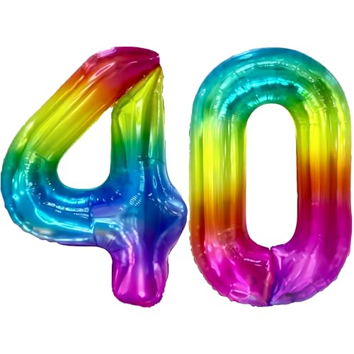 FUNFEST Luftballons zum 40. Geburtstag, Regenbogenfarbe, 100 cm – Geburtstagsballon-Dekoration – inklusive XL-Ballon zum 40. Geburtstag und Strohhalm – Fliegen mit Helium von Funfest