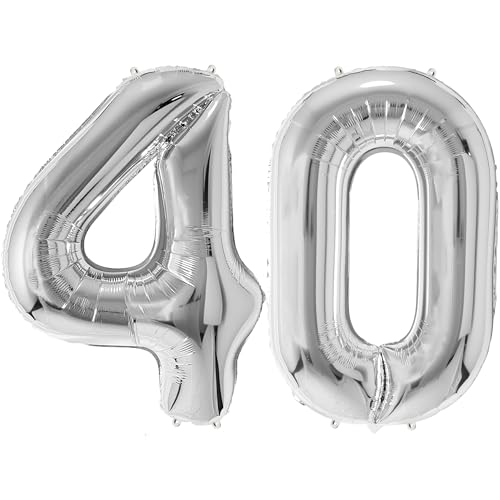 FUNFEST Luftballons zum 40. Geburtstag, silberfarben, 100 cm – Geburtstagsballon-Dekoration – inklusive XL-Ballon zum 40. Geburtstag und Strohhalm – Fliegen mit Helium von Funfest