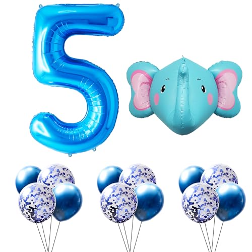 FUNFEST Luftballons zum 5. Geburtstag, Farbe: Blau, 100 cm – Deko-Set Elefant 60 cm + 12 Luftballons Latex blau und blaue Pailette – Dekoration Ballon Geburtstag – Fliegen mit Helium von Funfest