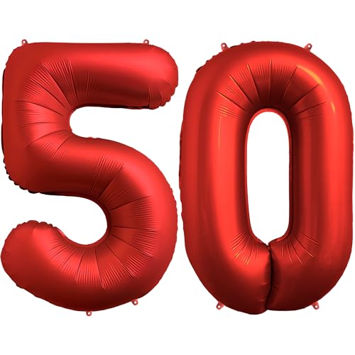 FUNFEST Luftballons zum 50. Geburtstag, Farbe Chromrot, 100 cm – Geburtstagsballon-Dekoration – inklusive XL-Ballon zum 50. Geburtstag und Strohhalm – fliegen mit Helium – Ballon in Premium-Qualität von Funfest