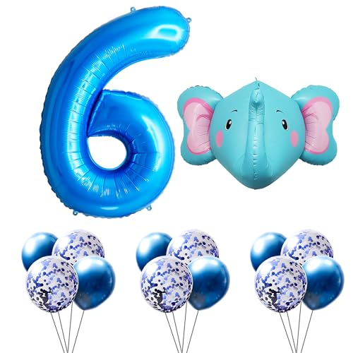 FUNFEST Luftballons zum 6. Geburtstag, Farbe Blau, 100 cm – Deko-Set Elefant 60 cm + 12 Latex-Luftballons blau und blaue Pailette – Dekoration Ballon Geburtstag – Fliegen mit Helium von Funfest
