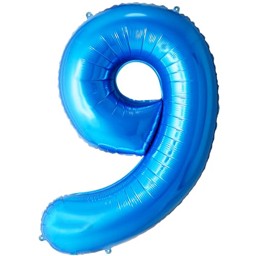 FUNFEST Luftballons zum 9-jährigen Geburtstag, blaue Farbe, 100 cm – Geburtstagsballon-Dekoration – inklusive 9-jährigem XL-Ballon und Strohhalm – Fliegen mit Helium von Funfest