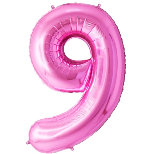 FUNFEST Luftballons zum 9. Geburtstag, rosa, 100 cm – Geburtstagsballon-Dekoration – inklusive XL-Ballon zum 9. Geburtstag und Strohhalm – Fliegen mit Helium von Funfest