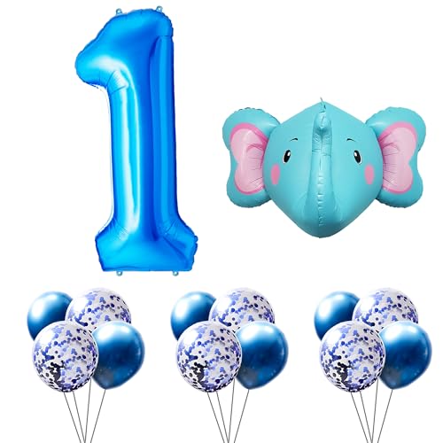 FUNFEST Luftballons zum Geburtstag, 1 Jahr, Farbe Blau, 100 cm – Deko-Set Elefant 60 cm + 12 Latexballons blau und blaue Pailette – Dekoration Ballon Geburtstag – Fliegen mit Helium von Funfest