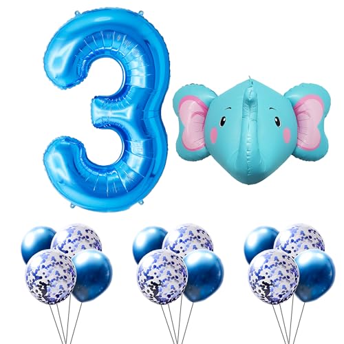 FUNFEST Luftballons zum Geburtstag, 3 Jahre, Farbe Blau, 100 cm – Deko-Set Elefant 60 cm + 12 Latex-Luftballons blau und blaue Pailette – Dekoration Ballon Geburtstag – Fliegen mit Helium von Funfest