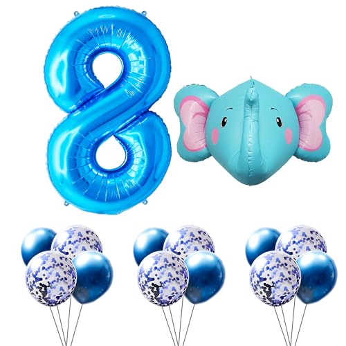 FUNFEST Luftballons zum Geburtstag, 8 Jahre, Farbe: Blau, 100 cm – Deko-Set Elefant 60 cm + 12 Luftballons Latex blau und blaue Pailette – Dekoration Ballon Geburtstag – Fliegen mit Helium von Funfest