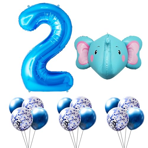 FUNFEST Luftballons zum Geburtstag 2 Jahre, Farbe Blau, 100 cm – Deko-Set Elefant 60 cm + 12 Latexballons blau und blaue Pailette – Dekoration Ballon Geburtstag – Fliegen mit Helium von Funfest