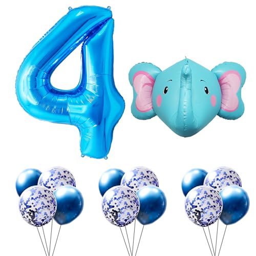 FUNFEST Luftballons zum Geburtstag 4 Jahre, Farbe Blau, 100 cm – Deko-Set Elefant 60 cm + 12 Luftballons Latex blau und blaue Pailette – Dekoration Ballon Geburtstag – Fliegen mit Helium von Funfest