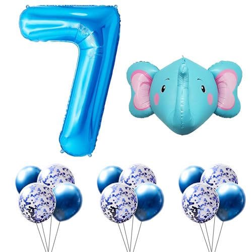 FUNFEST Luftballons zum Geburtstag 7 Jahre, Farbe Blau, 100 cm – Deko-Set Elefant 60 cm + 12 Latexballons blau und blaue Pailette – Dekoration Ballon Geburtstag – Fliegen mit Helium von Funfest