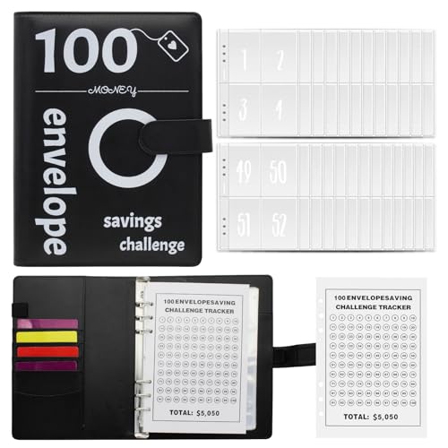 FuninCrea Budget Planner Challenge Ringbuch A5 Sparbuch für geld, budget binder Leder Geld Sparen Challenge Booklet Sparen Sparbuch mit Geldumschlag und Verfolgungsetikett für Geldsparmappe (Schwarz) FuninCrea Budget Planner Challenge Ringbuch A5 Sparbuch für geld, budget binder Leder Geld Sparen Challenge Booklet Sparen Sparbuch mit Geldumschlag und Verfolgungsetikett für Geldsparmappe (Schwarz) von FuninCrea