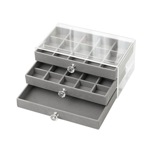 FuninCrea Schmuckaufbewahrung Schublade 3 Tray Schmuckkasten Groß Klares Acryl Schmuck Organizer Schmuckschatulle Stapelbar Schmuck Aufbewahrungsbox Austauschbar Schmuckkoffer (grau) von FuninCrea